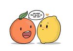  alpha_channel ambiguous_gender black_eyes blush couple cute dialog dialogue fruit humor joke leaf lemon open_mouth orange orange_(fruit) text unknown_artist what yellow 