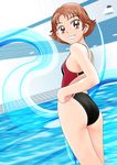  ass back bad_id bad_pixiv_id breasts brown_hair ceiling competition_swimsuit cowboy_shot dutch_angle grin hand_on_hip indoors lane_line lights looking_at_viewer looking_back natsuki_rin one-piece_swimsuit pool poolside precure red_eyes short_hair small_breasts smile solo spiked_hair standing swimsuit tile_ceiling tile_floor tiles wanco water yes!_precure_5 