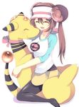  ampharos brown_hair closed_eyes double_bun gen_2_pokemon hug long_hair mei_(pokemon) pantyhose pokemon pokemon_(creature) pokemon_(game) pokemon_bw2 raglan_sleeves rento_(rukeai) smile twintails visor_cap 