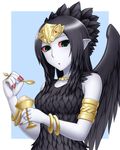  1girl :o armband bare_shoulders black_dress black_hair black_wings blue_background body_blush bracelet bust collarbone cup dress duel_monster emblem fabled_grimro face feathers female fingernails food green_eyes hands holding ice_cream jewelry long_fingernails long_hair long_image looking_at_viewer lots_of_jewelry monster_girl multicolored_background multicolored_eyes nail_polish necklace open_mouth pale_skin pataniito pataryouto pointy_ears red_nails red_sclera ring shiny shiny_hair simple_background solo spoon tall_image tiara two-tone_background updo upper_body white_background wings yu-gi-oh! yuu-gi-ou_duel_monsters 