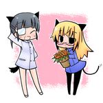  animal_ears blush cat_ears cat_tail chibi dog_ears dog_tail eyepatch glasses hand_behind_head lowres luu multiple_girls pantyhose perrine_h_clostermann sakamoto_mio strike_witches tail world_witches_series 