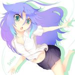  :o ahoge barefoot blue_hair gradient_hair green_eyes huge_ahoge long_hair looking_at_viewer midriff multicolored_hair navel original outstretched_arms purple_hair shirt skirt solo sts white_shirt 