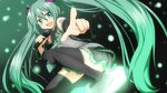  aqua_eyes aqua_hair detached_sleeves hatsune_miku highres long_hair looking_at_viewer microphone nail_polish necktie open_mouth pointing pointing_at_viewer rumia_(compacthuman) skirt solo thighhighs twintails very_long_hair vocaloid zettai_ryouiki 