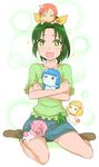  1girl :3 :d ahoge aoki_reika bad_id bad_pixiv_id blonde_hair blue_hair blush bow bubble_background creature denim denim_skirt frown green_eyes green_hair green_shirt hair_bow hair_ornament hairband hairclip hino_akane_(smile_precure!) hoshizora_miyuki hug kise_yayoi midorikawa_nao minatsuki_randoseru o_o open_mouth orange_hair patting pink_hair precure shirt shirt_tug sitting skirt smile smile_precure! sparkle tail wariza white_background white_hairband 