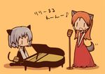  accompaniment alternate_costume animal_ears bare_arms cat_ears cat_tail chibi dog_ears dog_tail dress eighth_note instrument long_hair long_sleeves lowres luu microphone microphone_stand minna-dietlinde_wilcke multiple_girls music musical_note open_mouth orange_background pantyhose piano pouch sanya_v_litvyak short_hair simple_background singing strike_witches tail translated world_witches_series 