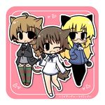 animal_ears blonde_hair brown_hair cat_ears cat_tail dog_ears dog_tail fang glasses heart luu lynette_bishop microphone miyafuji_yoshika multiple_girls one_eye_closed pantyhose perrine_h_clostermann strike_witches striped striped_legwear tail thighhighs world_witches_series 