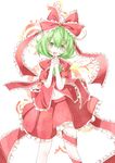  bow frills front_ponytail giwa green_eyes green_hair hair_bow hands_clasped highres kagiyama_hina long_hair navel open_mouth own_hands_together puffy_sleeves sash short_sleeves solo touhou 