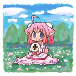 ahoge animal_ears chibi day dog_days dog_ears dog_girl dog_tail fang frisbee gloves hair_ribbon luu millhiore_f_biscotti outdoors pink_hair purple_eyes ribbon solo tail 