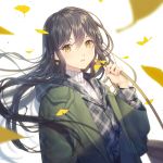  autumn_leaves bangs black_hair earrings fingernails ginkgo green_coat grey_hoodie hair_between_eyes hood hood_down jewelry long_hair looking_at_viewer original parted_lips ribbonari solo sweater turtleneck turtleneck_sweater white_sweater wind yellow_eyes 