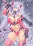  :d blue_eyes breasts comic_unreal covered_nipples crescent_moon gauntlets highres holding large_breasts lavender_hair long_hair midriff mogudan moon open_mouth pink_legwear robot_ears smile solo sword thighhighs very_long_hair weapon 