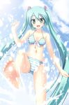  aqua_eyes aqua_hair barefoot bikini day fang feet foreshortening green_eyes hatsune_miku kicking long_hair open_mouth project_diva project_diva_(series) sky skywaker soles solo splashing striped swimsuit swimwear_(module) toes twintails very_long_hair vocaloid water 