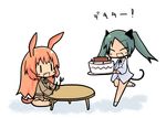  animal_ears bunny_ears cake cat_ears cat_tail charlotte_e_yeager fang food fork francesca_lucchini knife long_hair luu military military_uniform multiple_girls open_mouth panties strike_witches striped striped_panties table tail translated twintails underwear uniform world_witches_series 