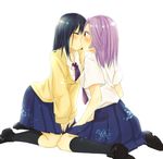  2girls blush cardigan closed_eyes kajiki_yumi kiss kneeling multiple_girls necktie purple_hair saki short_hair skirt touyoko_momoko tsuruga_school_uniform yuri 
