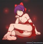 2018 :p ankle_ribbon anus ass bangs bare_shoulders barefoot bow breasts cat_girl choker clitoris commentary dress english_commentary feet full_body gegege_no_kitarou hair_bow looking_at_viewer lying nekomusume nipples no_bra no_panties noise_tanker on_side outline patreon_username paw_pose pointy_ears purple_hair pussy red_bow red_choker red_dress ribbon short_hair slit_pupils small_breasts soles solo strap_slip toes tongue tongue_out uncensored very_short_hair yellow_eyes 