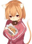  angel_french animal_ears bag brand_name_imitation brown_hair cat_ears cat_tail doughnut food french_cruller holding mister_donut mouth_hold nuko_(mikupantu) original paper_bag pon_de_ring short_hair simple_background solo tail track_suit white_background 
