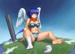  angel_wings armor barefoot bikini_armor blue_hair breasts brown_eyes cape cleavage cloud clouds feet giantess highres large_breasts no_shoes pogojo scarf serious sitting socks soles sword toes weapon wings 