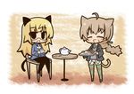  animal_ears blonde_hair brown_hair cake cat_ears cat_tail chair food glasses luu lynette_bishop multiple_girls pantyhose perrine_h_clostermann strike_witches striped striped_legwear table tail tea teapot thighhighs world_witches_series 