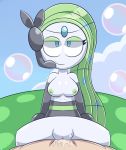  2018 arm_warmers armwear blue_eyes breasts clothing duo female green_hair green_nipples hair humanoid legendary_pok&eacute;mon long_hair meloetta meloetta_(aria_form) mintyspirit nintendo nipples not_furry penetration penis pok&eacute;mon pok&eacute;mon_(species) pok&eacute;mon_amie pussy pussy_juice riding sex smile smirk video_games white_skin 