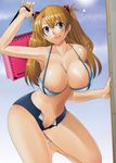  blue_eyes breasts bursting_breasts denim denim_shorts large_breasts legs neon_genesis_evangelion orange_hair pussy_peek sakai_hamachi short_shorts shorts soryu_asuka_langley tongue uncensored unzipped 