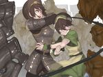  2girls adult armor avatar:_the_last_airbender belt black_hair blind blue_eyes child chinese_clothes dual_persona fighting_stance grey_eyes gyehu_kim hairband legend_of_korra metal multiple_girls older rock smile the_legend_of_korra time_paradox toph_bei_fong wire 