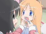  black_hair blue_eyes brushing_teeth child grey_eyes hakase_(nichijou) highres matuken1027 nichijou open_mouth orange_hair pajamas professor_shinonome saliva shinonome_nano toothbrush 