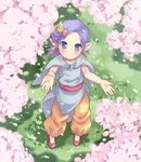  bad_id bad_pixiv_id bella_(dq5) blue_eyes blush cape cherry_blossoms dragon_quest dragon_quest_v earrings hair_ornament jewelry mizuno_mumomo outstretched_arms pants pendant petals pointy_ears purple_hair short_hair smile solo 