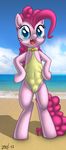  beach blue_eyes camel_toe equine female feral friendship_is_magic hair horse mammal my_little_pony pink_hair pinkie_pie_(mlp) pony seaside solo swimsuit teats zed001 