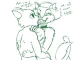  clothed clothing dialog dialogue duo feline female half-dressed katia_managan khajiit kissing lesbian mammal ms._fortune nude prequel sketch text the_elder_scrolls topless unknown_artist video_games 