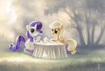  applejack_(mlp) blonde_hair blue_eyes cake cutie_mark detailed_background duo equine female feral food friendship_is_magic fur green_eyes hair hi_res horn horse mammal my_little_pony open_mouth orange_fur pony purple_hair rarity_(mlp) rom-art saucer table tea teacup tree unicorn white_fur wood 