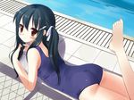  ass barefoot black_hair blush brown_eyes chain-link_fence drain_(object) feet fence from_behind haoriya_chie_(minidraco) leg_lift long_hair looking_back lying minidraco on_stomach one-piece_swimsuit original pool poolside ribbon school_swimsuit shadow smile solo swimsuit twintails 