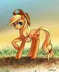  applejack_(mlp) blonde_hair cowboy_hat cutie_mark detailed_background equine female feral freckles friendship_is_magic grass green_eyes hair hat horse katiramoon looking_at_viewer mammal my_little_pony pony smile solo 