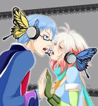  1girl artist_request blue_shirt butterfly_wings couple face-to-face headphones hetero hubert_ozwell imminent_kiss magnet_(vocaloid) parody pascal shirt tales_of_(series) tales_of_graces vocaloid wings 