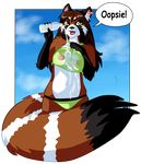  bottle breasts brown_hair clothed clothing dialog dialogue ear_piercing english_text female green_eyes hair mammal nipples piercing red_panda sheer_clothing skimpy solo swimsuit text tight_clothing translucent water water_bottle wet zenia 