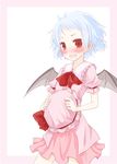  ascot bad_id bad_pixiv_id bat_wings blue_hair blush dress forehead hat hat_removed hat_ribbon headwear_removed mugi_(banban53) open_mouth red_eyes remilia_scarlet ribbon short_hair solo touhou wings 