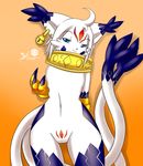  blue_eyes breasts cat claws collar digimon ear_piercing edit feline female fur gatomon gatomon_x gloves mammal markings mnxenx001 multiple_tails navel patterns paws piercing ring solo twin_tails twintails white white_fur 