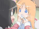  black_hair blue_eyes brushing_teeth child drooling hakase_(nichijou) highres matuken1027 nichijou open_mouth orange_hair pajamas professor_shinonome saliva sexually_suggestive shinonome_nano surprised tears toothbrush 