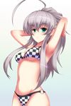  ahoge armpits arms_behind_head bikini breasts checkered checkered_bikini green_eyes haiyore!_nyaruko-san highres long_hair medium_breasts nyarlathotep_(nyaruko-san) o-ring o-ring_bikini o-ring_bottom o-ring_top silver_hair solo swimsuit taxamin 