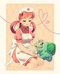  ;d artist_name bandages bulbasaur dav-19 fangs gen_1_pokemon green_eyes hat heart heart_of_string joy_(pokemon) kneeling mary_janes no_legwear nurse nurse_cap one_eye_closed open_mouth petting pokemon pokemon_(creature) pokemon_(game) shoes smile 