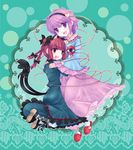  animal_ears braid cat_ears cat_tail fang highres hug kaenbyou_rin komeiji_satori long_hair long_skirt long_sleeves multiple_girls multiple_tails ogakuru open_mouth pink_hair pink_skirt puffy_sleeves purple_eyes red_eyes red_hair short_hair skirt tail third_eye touhou twin_braids twintails wide_sleeves 