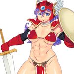  abs armor bikini_armor blue_eyes breasts choker cleavage collarbone curly_hair detached_sleeves dragon_quest dragon_quest_iii elbow_gloves gloves helmet large_breasts loincloth long_hair navel open_mouth pauldrons purple_hair red_armor red_gloves shield shoulder_pads simple_background soldier_(dq3) solo sword tsukudani_(coke-buta) underboob weapon white_background winged_helmet 