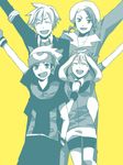  3boys alternate_costume bangs closed_eyes gloves happy haruka_(pokemon) hat kanappe mikuri_(pokemon) multiple_boys open_mouth pokemon pokemon_(game) pokemon_rse smile tegaki tsuwabuki_daigo yellow_background yuuki_(pokemon) 