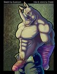  anthro balls biceps big_muscles big_penis blue_eyes bulge clothing dredd enzi erection eyewear glasses horn looking_at_viewer male mammal muscles nipples pants pecs penis rhinoceros shirt smile solo sudonym thong topless trousers underwear undressing 