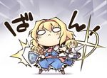  &gt;:( alice_margatroid bangs blonde_hair blue_dress book bow chibi dress fighting_stance floating frown gradient gradient_background hair_bow hairband lance nekoguruma o_o polearm sash serious shanghai_doll shield short_hair simple_background solo standing text_focus touhou v-shaped_eyebrows weapon 