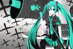  aircraft airplane aqua_eyes aqua_hair gloves hatsune_miku headphones headset koi_wa_sensou_(vocaloid) long_hair megaphone monochrome necktie pantyhose rikuchi skirt solo twintails very_long_hair vocaloid 