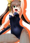  armpits bad_id bad_pixiv_id brown_hair bunnysuit detached_collar fang fishnet_pantyhose fishnets green_eyes highres huang_lingyin infinite_stratos leotard long_hair pantyhose sumeragi_tomo twintails wrist_cuffs 