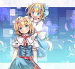  alice_margatroid alice_margatroid_(pc-98) blonde_hair blue_background blue_bow blue_dress blue_eyes blue_hairband blush bow capelet culter dress dual_persona eyelashes hair_ribbon hairband hand_on_another's_head hand_on_shoulder head_tilt multiple_girls open_mouth puffy_sleeves red_ribbon ribbon sash shirt short_hair short_sleeves sitting skirt smile suspenders time_paradox touhou touhou_(pc-98) 