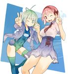  2girls ;) ;d bad_id bad_pixiv_id bow character_request cloud day green_eyes green_hair hairband holding_hands jacket multiple_girls nakahara_(teriyaki) necktie one-piece_swimsuit one_eye_closed open_mouth original pink_eyes pink_hair school_swimsuit school_uniform short_hair skirt sky smile swimsuit teriyaki thighhighs v 