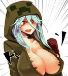  aqua_hair at2. blush breasts bursting_breasts charged_creeper cleavage creeparka creeper fang gloves highres hood hoodie inconvenient_breasts large_breasts minecraft open_mouth personification red_eyes simple_background solo torn_clothes white_background 