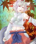  animal_ears armpits bad_id bad_pixiv_id detached_sleeves fangs hat impossible_clothes impossible_shirt inubashiri_momiji long_sleeves looking_at_viewer messy_hair midriff navel open_mouth pom_pom_(clothes) red_eyes shield shirt short_hair solo somsom sword teeth tokin_hat touhou weapon white_hair wide_sleeves 