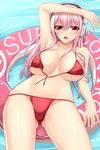  arm_up armpits bikini blush breasts cleavage front-tie_top headphones highres innertube large_breasts long_hair looking_at_viewer nitroplus open_bikini open_clothes open_mouth pink_hair red_bikini red_eyes shiny shiny_clothes shuugetsu_karasu solo super_sonico swimsuit tan tanline untied water 